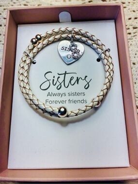 Sisters Braided Leather Wrap Bracelet with Heart Charm - Cream